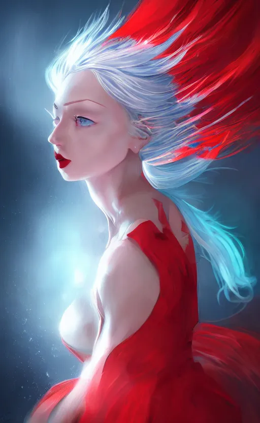 Image similar to the prettiest woman with silver blue hair, in a red and white dress portrait, dynamic lighting, fantasy concept art, trending on art station, stunning visuals, creative, cinematic, ultra detailed, ray tracing, sun rays, hyper realistic