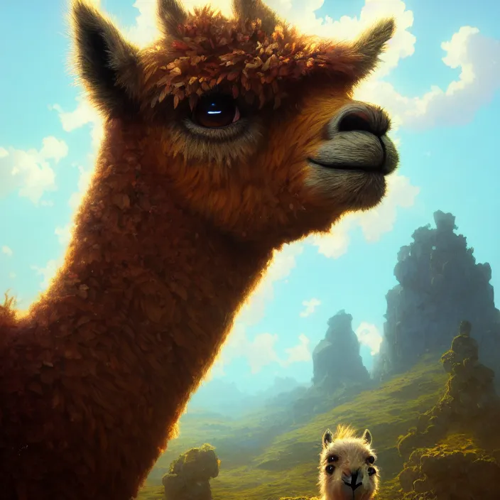 Prompt: highly detailed portrait of a cute alpaca, unreal engine, fantasy art by greg rutkowski, loish, rhads, ferdinand knab, makoto shinkai and lois van baarle, ilya kuvshinov, rossdraws, tom bagshaw, alphonse mucha, global illumination, radiant light, detailed and intricate environment