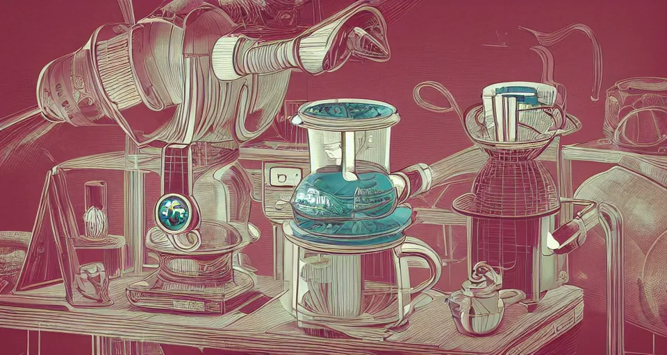 Prompt: a hyper complex drip coffee maker in the 1 9 7 0 s era kitchen, in the style of hownosm and james jean, ultimate collab, epic, digital art, 3 d, h 9 6 0