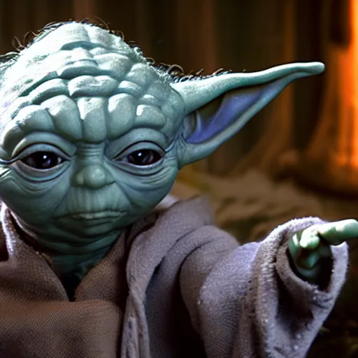 Image similar to Yoda surrounded by evil killer dolls 8k hdr movie still