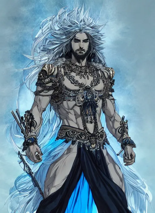 Prompt: Full body portrait of god with long silver hair, half man half wolf, wearing ornate pale blue attire. In style of Yoji Shinkawa and Hyung-tae Kim, trending on ArtStation, dark fantasy, great composition, concept art, highly detailed, dynamic pose.