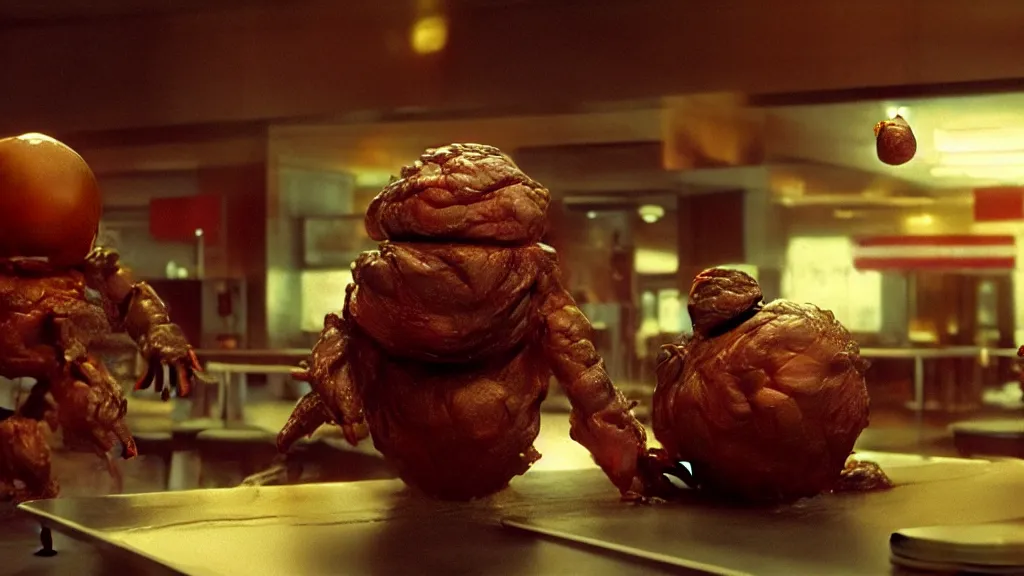 Prompt: the strange meatball creature at the fast food place, film still from the movie directed by denis villeneuve and david cronenberg with art direction by salvador dali and zdzisław beksinski, wide lens