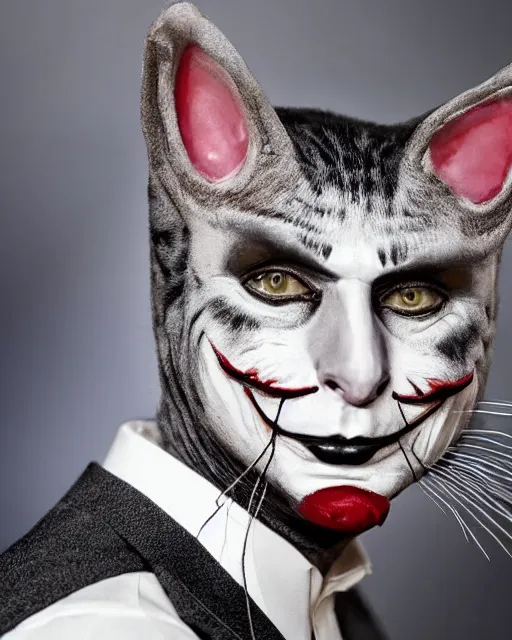 Image similar to Mauricio Macri in Elaborate Cat Makeup and prosthetics designed by Rick Baker, Hyperreal, Head Shots Photographed in the Style of Annie Leibovitz, Studio Lighting, Mauricio Macri as the Joker as a cat