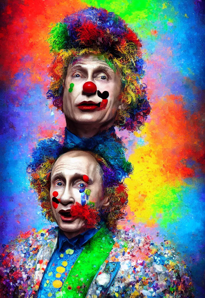 Prompt: a highly detailed portrait of Vladimir Putin as a colorful clown, gay pride flag background, intricate, digital painting, old english, particles floating, whimsical background by marc simonetti, John Singer Sargent style, masterpiece, stunning