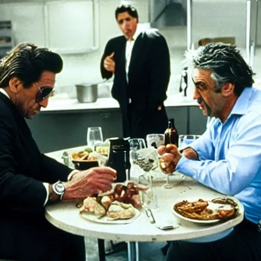 Image similar to movie still of the dinner scene in Heat, al pacino and robert de niro as old men, cinematic,