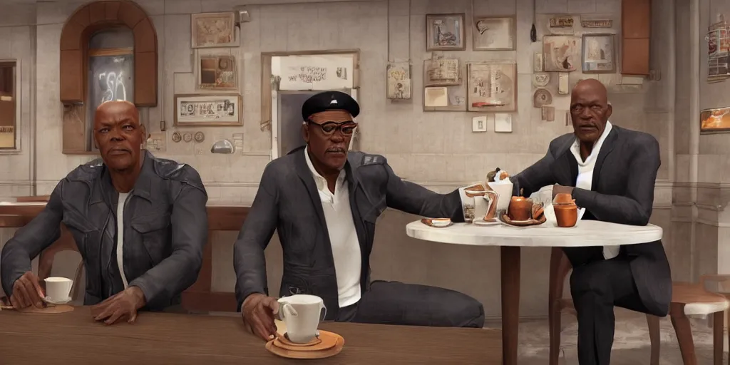 Prompt: highly detailed full - body samuel l jackson and john travolta posing in cafe, perfect symmetrical eyes, by eddie mendoza and tyler edlin, 8 k resolution