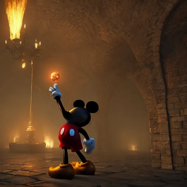 Image similar to mickey mouse reimagined as a boss in dark souls, dark cinematic, volumetric, realistic, cinematic lighting, ray tracing, unreal engine 5, unreal engine render, octane render, hyper realistic, photo, 8 k