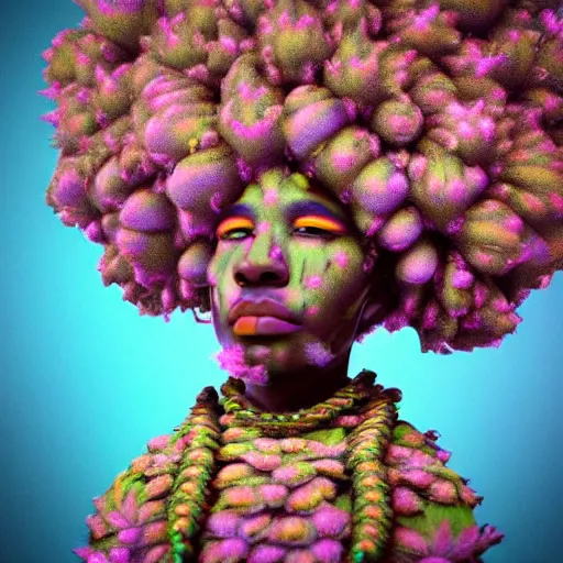 Image similar to an african marijuanna! shaman with an afro made of flowers, third eye art art by machina infinitum, complexity from simplicity, rendered in octane, mandelbulb 3 d, ambient occlusion, radiant lighting, macro photography, felt!!! texture, tribal, pastel! retrowave
