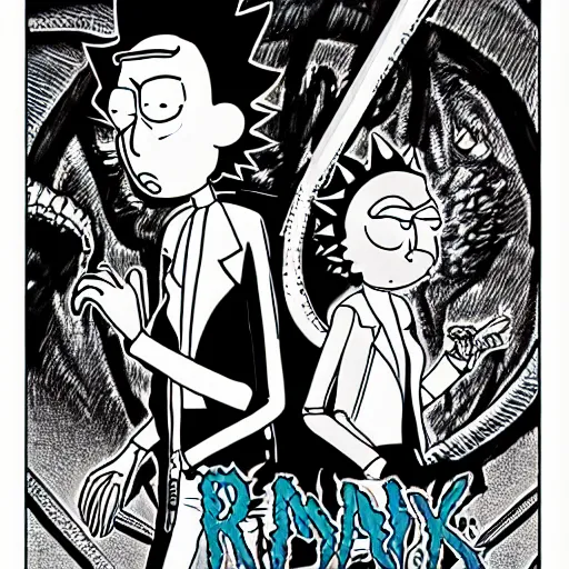 Prompt: rick and morty drawn in the style of Kentaro Miura from berserk, manga, high detail,