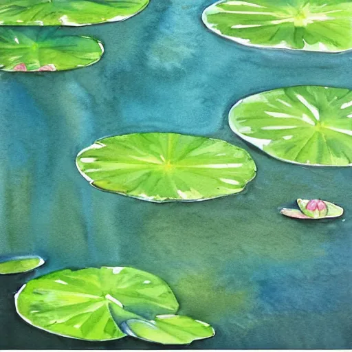 Prompt: watercolour painting of waterlilies with a teal background