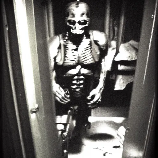 Prompt: grainy photo of the terminator as a creepy monster in a closet, harsh flash