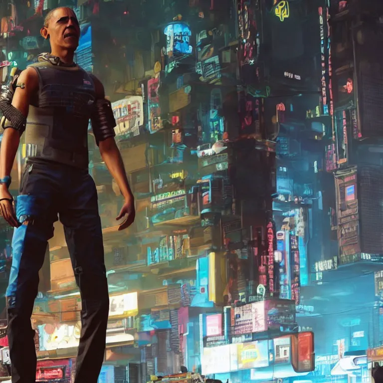 Prompt: barack obama as a cyborg in cyberpunk 2 0 7 7, technological, movie footage, high - tech, still frame