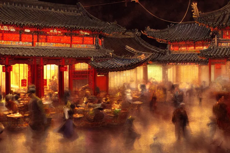 Prompt: fantasy art of a bustling tea house in china, at night, by craig mullins, highly detailed digital art, trending on artstation
