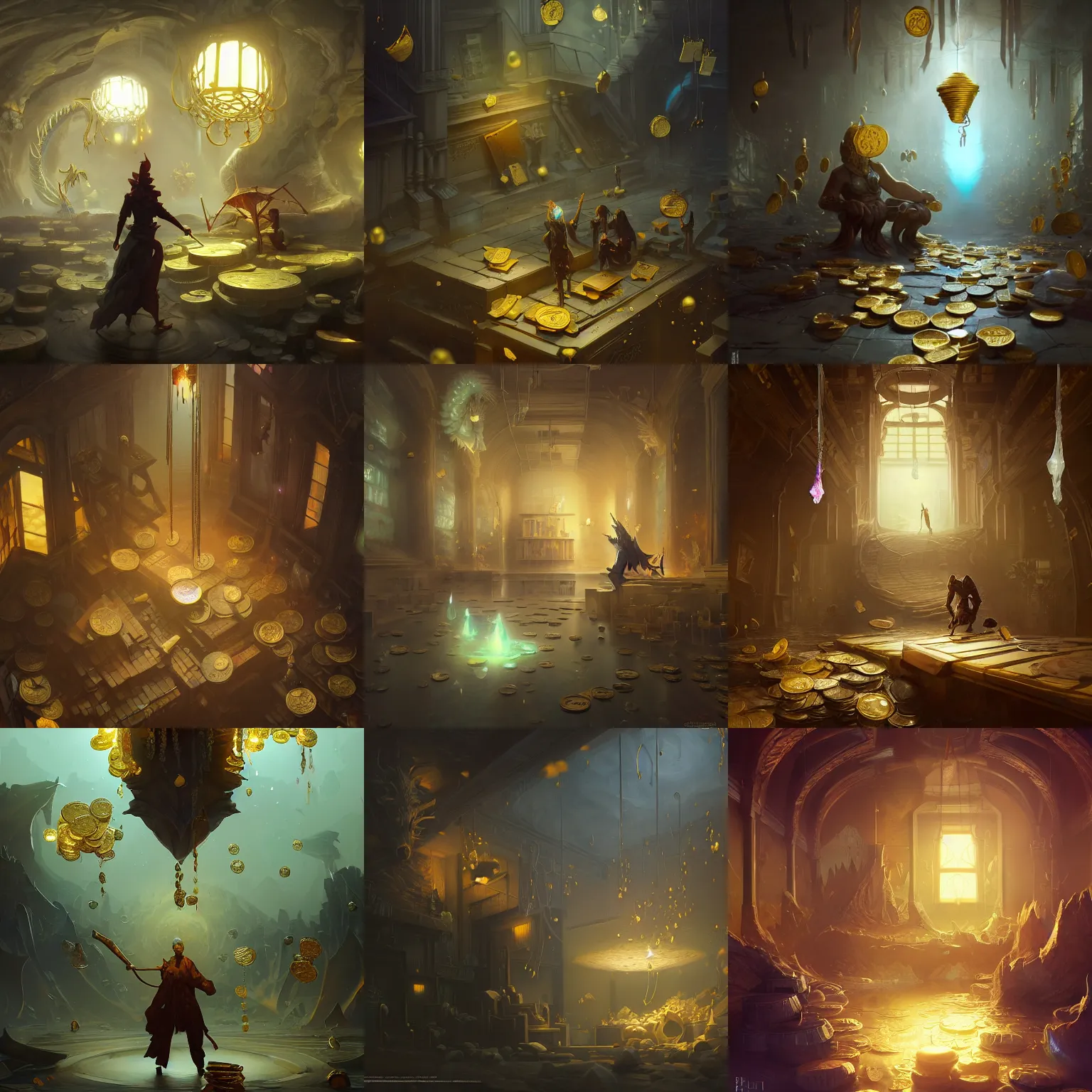 Prompt: bank with gold coins flooding the environment, dragon bank tellers, crystals hanging from ceiling, treasure on walls, by peter mohrbacher dan mumford craig mullins nekro, cgsociety, pixiv, volumetric light, 3 d render