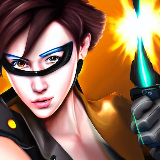 Image similar to digital cell shaded painting of tracer, detailed face, detailed expression,