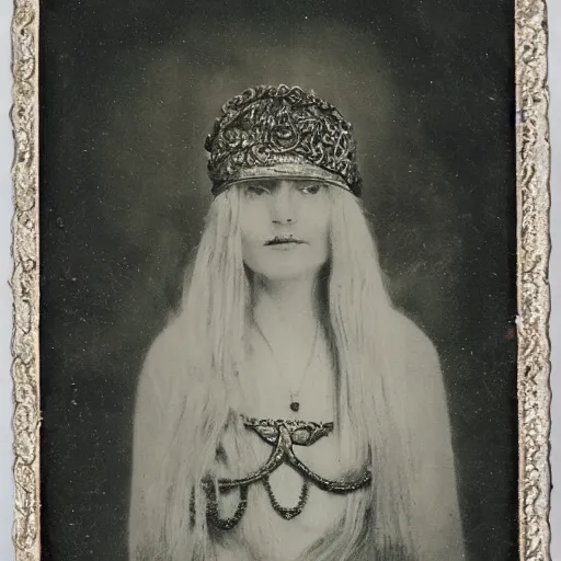 Image similar to tintype ambrotype daguerreotype of a cthulhu priestess adorned in occult jewelery with tentacle hair. emerging walking out of a baroque frame. striking face.