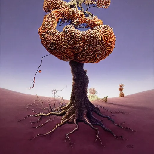 Prompt: Trending on artstation, highly detailed, surrealist painting of a tree, in the style of Salvador Dalí