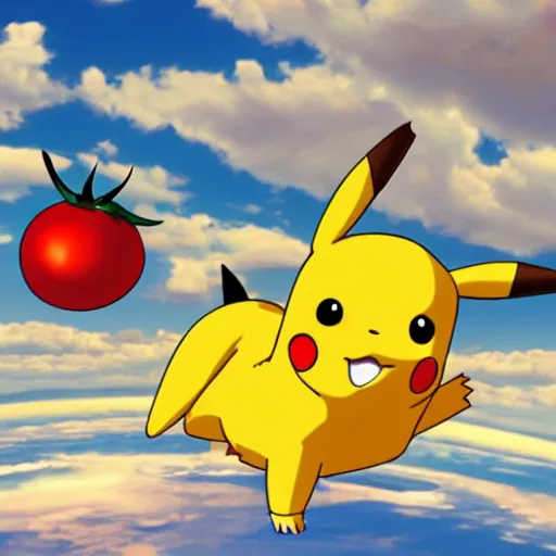 Image similar to A tomato and Pikachu on drugs flying Indoor skydiving in the ancient world, tripping, hyperreallistic