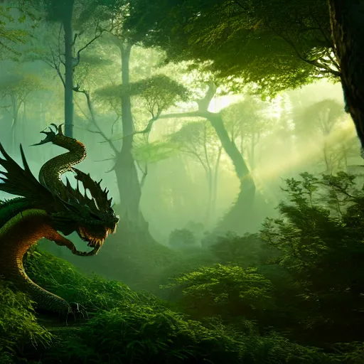 Image similar to a highly detailed crisp unreal engine render of a flying dragon on a bright mystic forest, ling xiang, Etienne Hebinger, Ilya Nazarov, Marcus Whinney, artstation 3D render