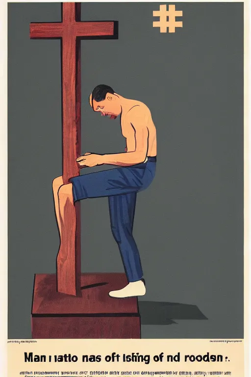 Image similar to man kneeling at the base of a wooden cross, 1960’s advertising art illustration