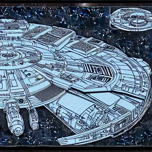 Prompt: technical blueprint of the millenium falcon (star wars), ultra detailed, 8k