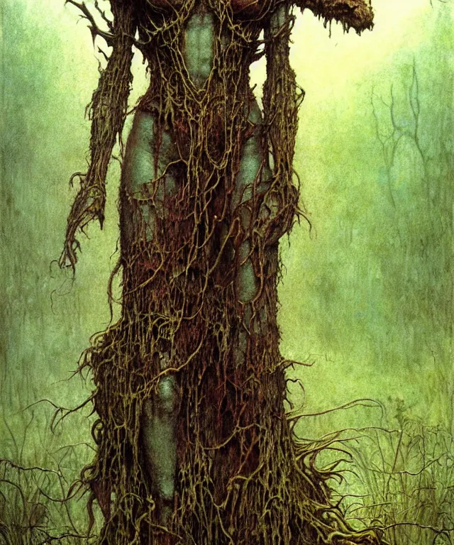 Image similar to a detailed mantiswoman stands among the swamps. wearing a ripped mantle, robe. perfect faces, extremely high details, realistic, fantasy art, solo, masterpiece, art by zdzislaw beksinski, arthur rackham, dariusz zawadzki