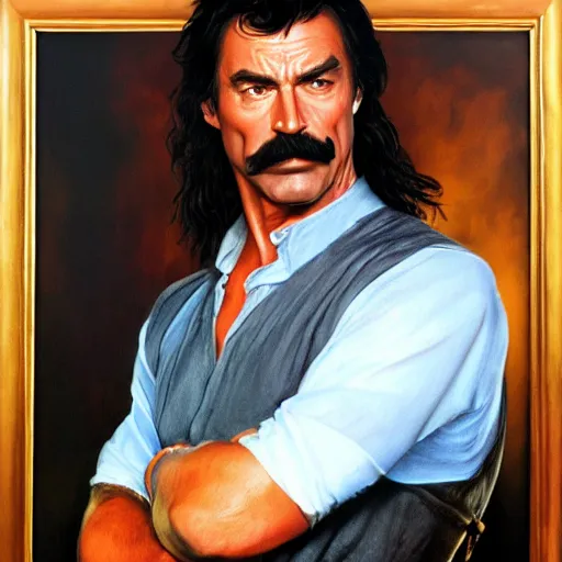 Image similar to ultra realistic portrait painting of tom selleck as aragorn, art by frank frazetta, 4 k, ultra realistic, highly detailed, epic lighting