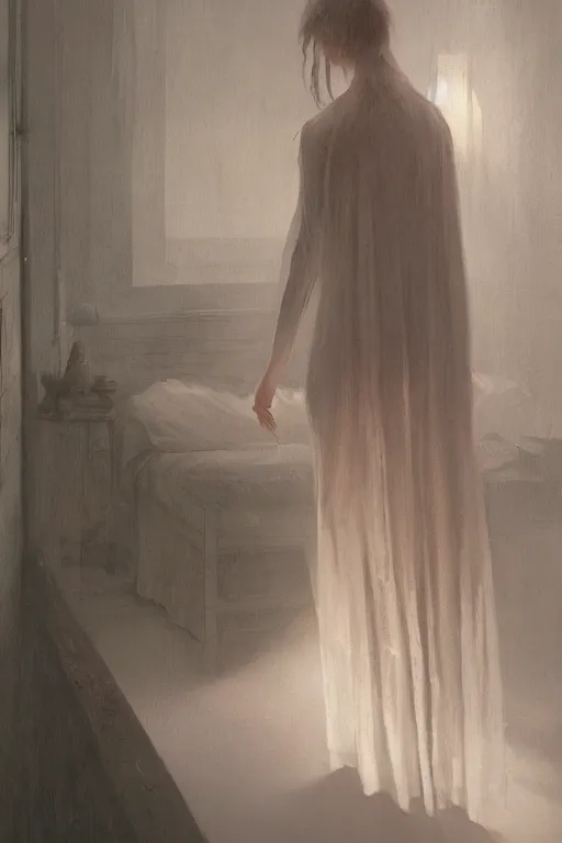 Image similar to Ghost in the bedroom, illustrated by Greg Rutkowski and Caspar David Friedrich., Trending on artstation, artstationHD, artstationHQ, 4k, 8k