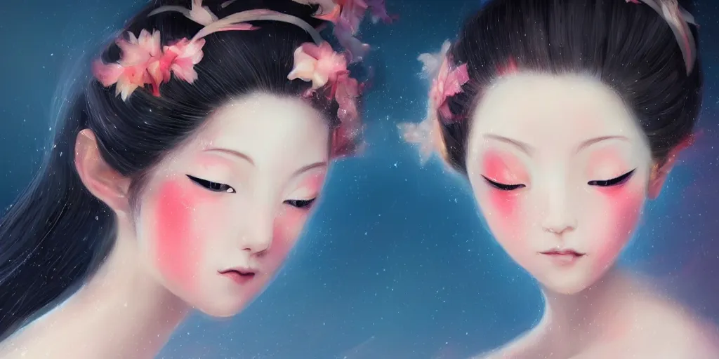 Image similar to Beautiful ethereal geisha prima ballerina, cute natural anime face, volumetric lighting, elegant, fluid, highly detailed oil painting, digital painting, concept art, smooth, sharp focus, illustration, strong lines and bold colors, limited color palette, atmosphere and tension, Japanese,manga, trending on artstation