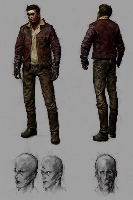 Image similar to character design, reference sheet, 40's adventurer, stained dirty clothing, leather bomber jacket, realistic, hyperdetailed, concept art, chiaroscuro, art Frank Frazetta