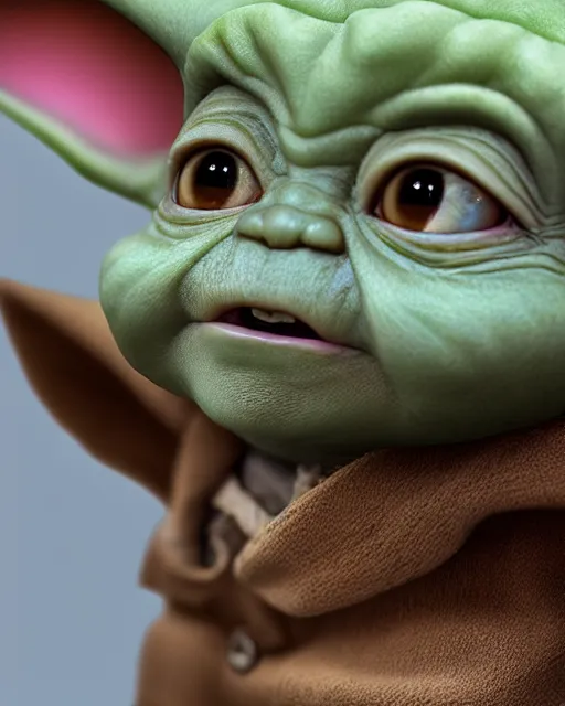 Image similar to a cute closeup portrait of cute Baby Yoda by Craig Mullins; beauitiful; realistic-lighting; anatomically-correct; 90mm; f/1.4