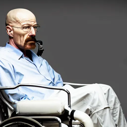 Image similar to walter white wearing a clear oxygen mask with tube running to small oxygen containt next to him. walter sits in a wheelchair in a courtroom.