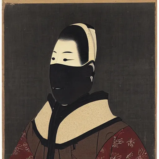 Prompt: portrait of young man wearing black medical mask, style of katsushika oi