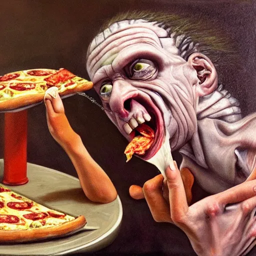 Prompt: hyper realistic painting of frankenstein eating a slice of pizza with his mouth wide open