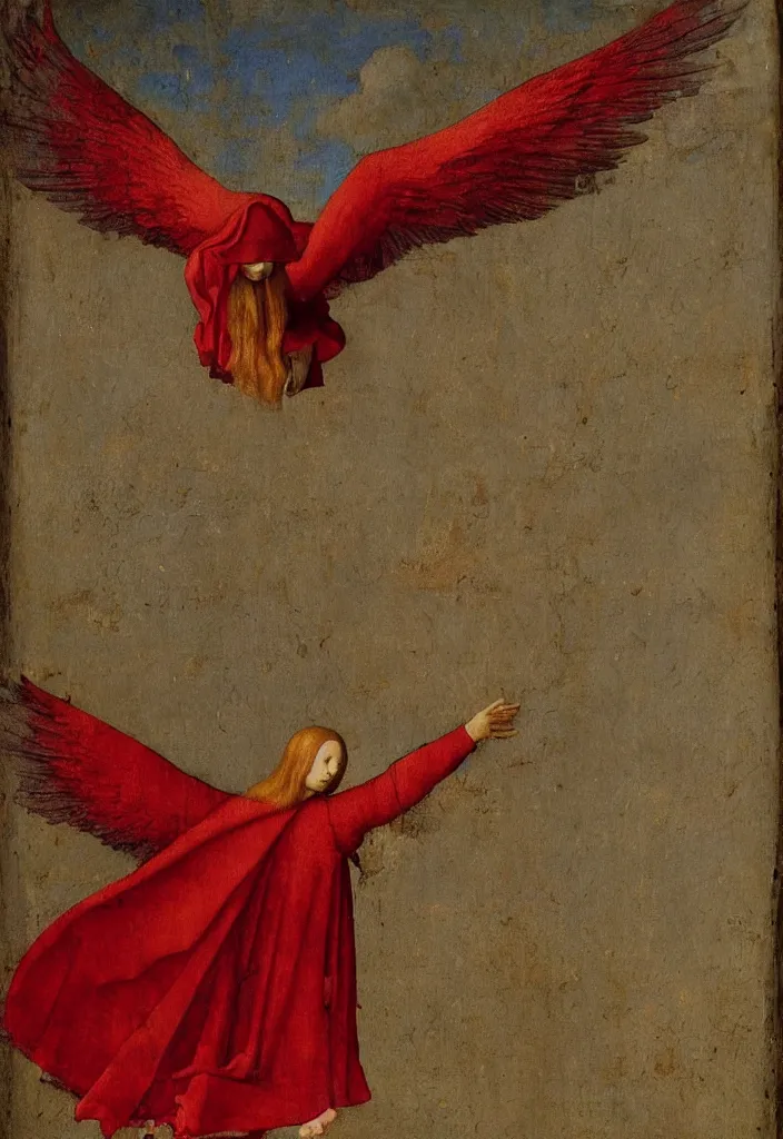 Image similar to Flying Fallen Angel with wings dressed in red, Medieval painting by Jan van Eyck, Johannes Vermeer, Florence