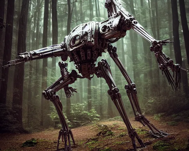 Prompt: photo of starwars general grievous with heavy duty biomechanical hydraulic cybernetic body and 4 arms holding unsheated lightsabers in the forest. cyberpunk horror style. highly detailed 8 k. intricate. nikon d 8 5 0 5 5 mm. award winning photography. art by hr giger