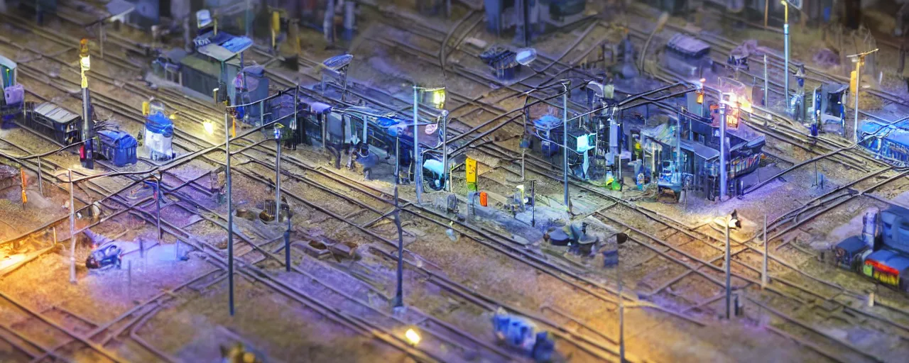 Image similar to mega detailed miniature voxel diorama of futuristic railway junction, modern architecture, tilt shift, industrial lights, by night clean and sterile atmosphere, row of street lamps with cold blue light, several trains nearby, near future 2 0 3 0