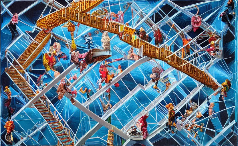 Image similar to chutes and ladders. detailed abstract acrylic painting by artgerm, by mc escher, by raqib shaw, japanese popsurrealism,