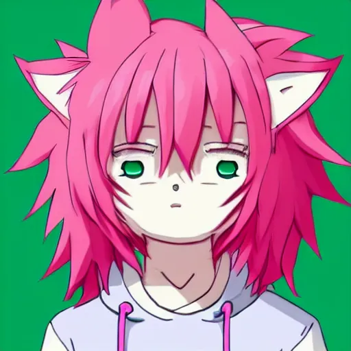 Image similar to cute young anime man with pink hair and pink wolf ears wearing a collar and a green hoodie, artstation