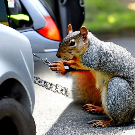 Prompt: a dog-cop ticketing a squirrel with a fine for speeding