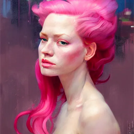 Image similar to greg manchess portrait painting of doradura, pink hair, pale, 1 8, medium shot, asymmetrical, profile picture, organic painting, rainy day, matte painting, bold shapes, hard edges, street art, trending on artstation, by huang guangjian and gil elvgren and sachin teng