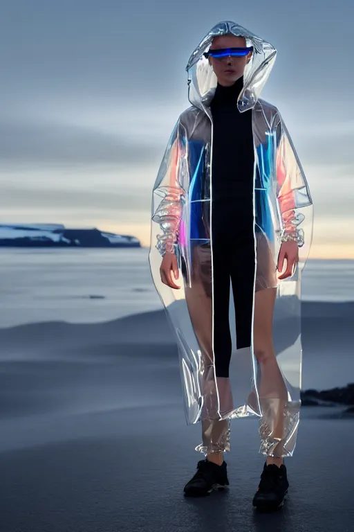 Image similar to an ultra high definition professional high fashion portrait studio full length photograph of a model wearing a transparent pearlescent raincoat and neon visor in an icelandic black rock environment at dawn. no artefacts. extremely detailed. stark. refraction. shallow depth of field. volumetric light and shadow. ray tracing. light rays.