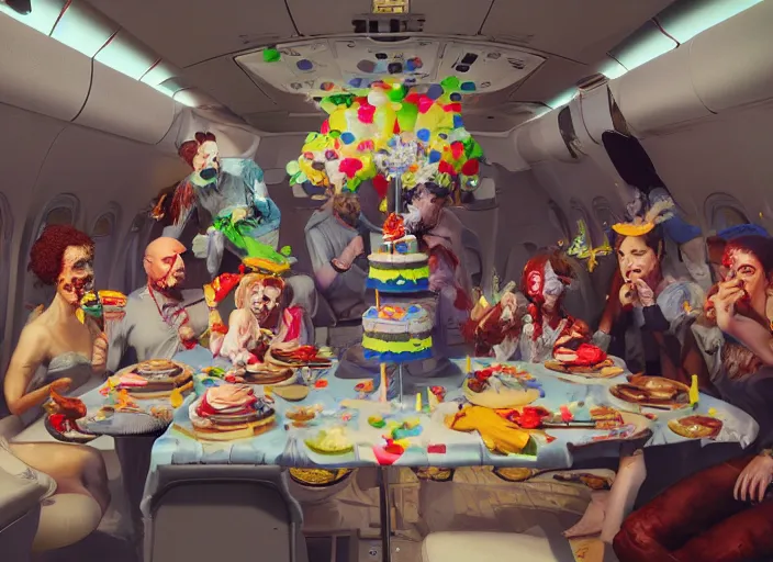 Image similar to boeing 737 cabin, zombies, birthday party, party hats, balloons, birthday cake, candles, realistic, wide angle, Unreal 5 engine, trending on artstation, by Huang Guangjian and Gil Elvgren and Sachin Teng