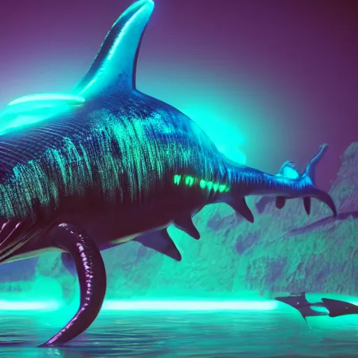 Prompt: a black cybernetic mosasaurus with neon blue and neon pink fins and skin in water swimming, octane render, trending on artstation, digital art, 4k, high detail, cinematic, cinematic lighting, high detail, realistic, fantasy,