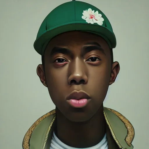 Prompt: tyler the creator, anime style, wearing hat, birthday balloon, fashion clothing, shoulder eyes, last exile anime, symmetrical facial features, from arknights, hyper realistic, 4 k, rule of thirds, extreme detail, detailed drawing, trending artstation, realistic lighting, by alphonse mucha, greg rutkowski, short neck