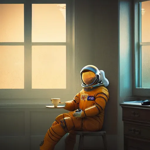 Image similar to a single cosmonaut in a spacesuit drinks a steaming cup of tea at an old wooden desk in a richly decorated Victorian house. the autumn light comes in through a window and dimly illuminates the room, diffuse light, octane render