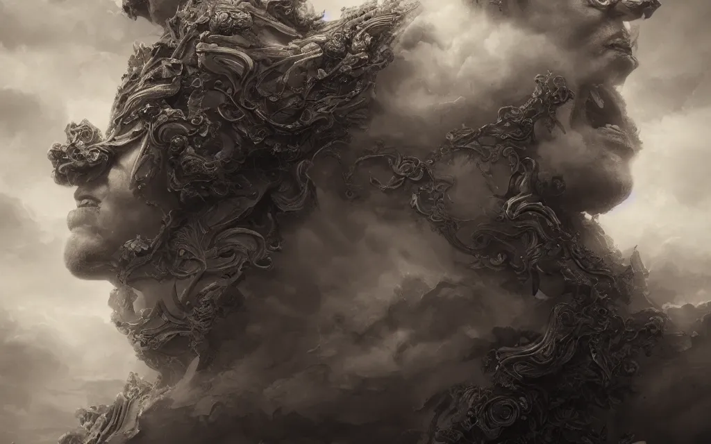 Image similar to portrait of demigod throne clouds, face made out of clouds, dramatic, intricate, elegant, detailed, digital painting, artstation, concept art, smooth, sharp focus, illustration, cinematic, gustave dore, octane render