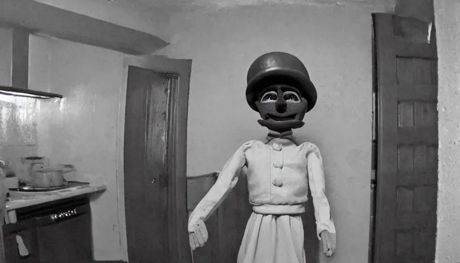 Prompt: a wax puppet in a stalinist style kitchen, mini dv camera found footage, very very low quality picture, heavy grain, caught on security camera, heavy jpeg artifact, night vision very blurry, caught on trail cam, 1 4 4 p, ultra wide lens