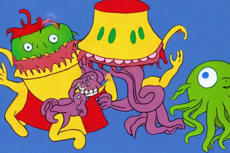 Prompt: full color frame from a 1972 kids show with Cthulhu and sad cheese puppet having a tickle picnic with furry ghost