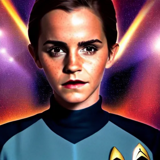 Prompt: a full body portrait of emma watson as a star fleet officer from star trek next generation, ultra rendered extreme realism and detail, 8 k, highly detailed, realistic, completely framed, hyper realistic, colorful, direct lighting, 3 5 mm photo, photorealistic, sharp focus